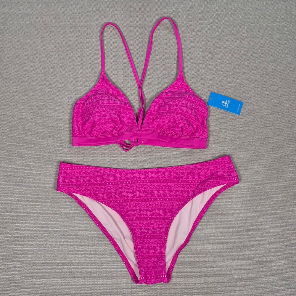 Cupshe Pink Geometric Eyelet‎ Crochet Bikini Set Low Rise New Womens Large